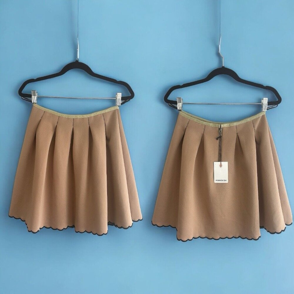 Manoush Neoprene Pleated A-Line Skirt Tan/ Black Scalloped Edges Sz 38 FR (US 6)